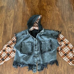 Gilded Intent Black Wash Denim Hooded Jacket with Orange Plaid Sleeves